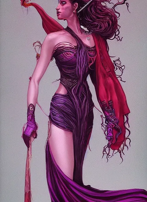 Image similar to portrait of princess of the dreamlands and moon beast, beautiful! coherent! by brom, deep colors, red maroon purple pink black, strong lines, rule of thirds