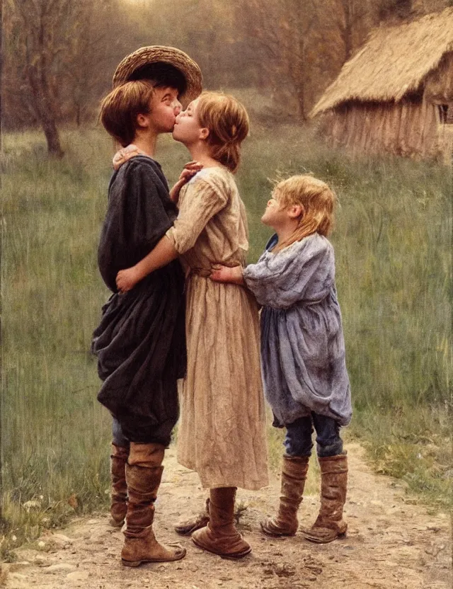 Image similar to peasant boy and girl first kiss, secretly on a village, Cinematic focus, Polaroid photo, vintage, neutral colors, soft lights, foggy, by Steve Hanks, by Serov Valentin, by lisa yuskavage, by Andrei Tarkovsky detailed, oil on canvas