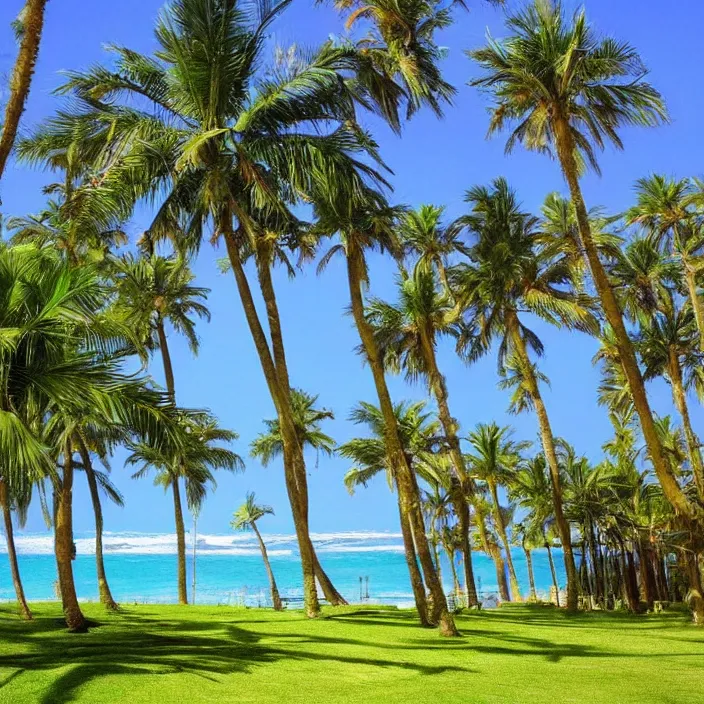 Prompt: palm trees on the beach, highly detailed, pink-blue-green light, landscaping, natural, outdoor spaces,