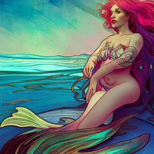 Image similar to a mermaid with a beautiful psychedelic fin, cinematic lighting, soft bokeh, fantasy, modern, colourful, highly detailed, digital painting, artstation, deviantart, concept art, sharp focus, illustration, alphonse mucha, edward hopper