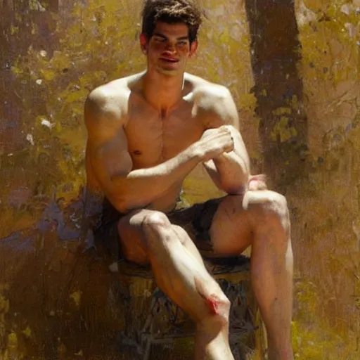 Image similar to Andrew Garfield with a shredded body type, painting by Gaston Bussiere, Craig Mullins