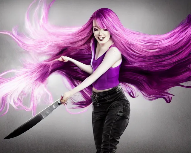 Image similar to purple-haired Emma Stone, epic knife battle pose, cinematic, 4k, hyper realistic, super detailed