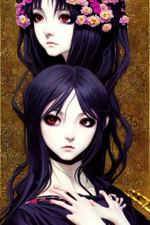 Image similar to portrait of beautiful young gothic anime maiden, cute-fine-face, pretty face, realistic shaded Perfect face, fine details. Anime, cyberpunk, Warhammer, Warhammer, Warhammer, highly detailed, artstation, illustration, art by Ilya Kuvshinov and Gustav Klimt and Gustav Klimt and Gustav Klimt and Gustav Klimt