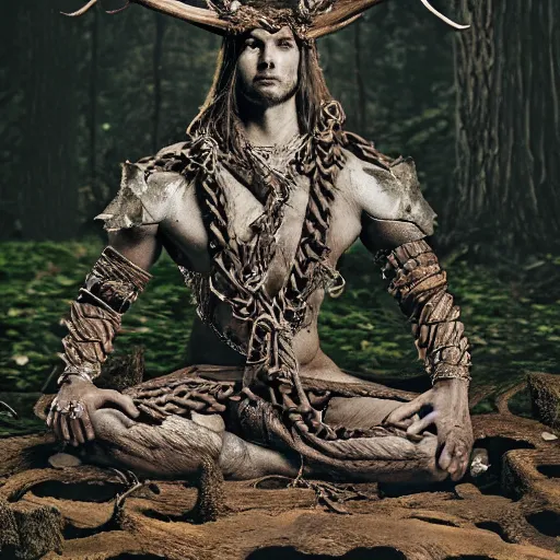 Image similar to warrior with surface of tree - bark, wearing stone wood vines antlers armor, sitting in lotus position, meditation, highly detailed, dramatic lighting, cinematic, sci - fi, hyperrealistic, detailed