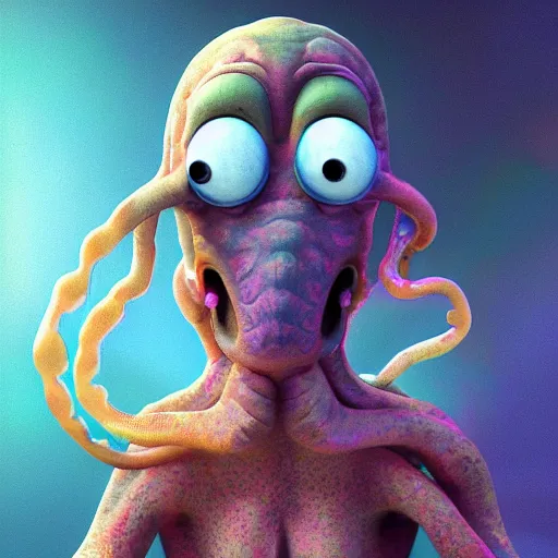 Prompt: photorealistic scared squidward. hyperdetailed photorealism, 1 0 8 megapixels, amazing depth, glowing rich colors, powerful imagery, psychedelic overtones, 3 d finalrender, 3 d shading, cinematic lighting, artstation concept art