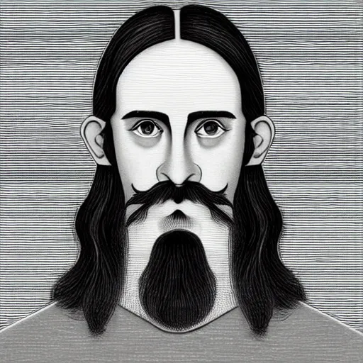 Image similar to young man, long hair, short facial hair, no mustache, dark green eyes, dark eyebrows, light widows peak light facial hair, in the style of mauritz cornelis escher, in - frame