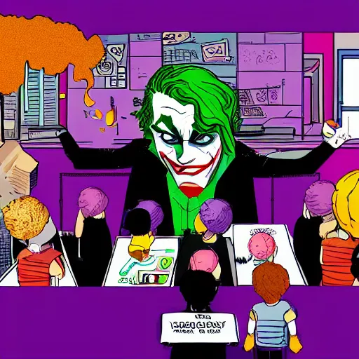 Prompt: the joker teaching an elementary class how to make a bomb, digital art, cartoon