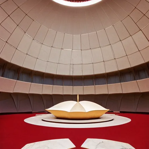 Image similar to interior of a futuristic lotus temple with gold, red and white marble panels, in the desert, by buckminster fuller and syd mead, intricate contemporary architecture, photo journalism, photography, cinematic, national geographic photoshoot