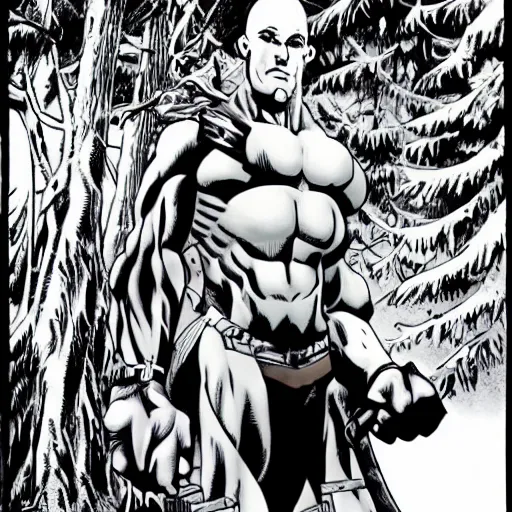 Prompt: A 15 foot tall, muscular, bald, smooth, extremely pale androgenous humanoid with a perfectly symmetrical face, dressed in black body armour, in the background is a dense and foggy forest of trees. High contrast, comic book,