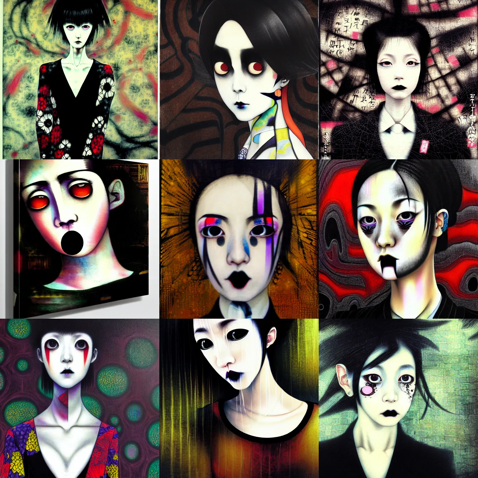 Image similar to yoshitaka amano blurred and dreamy realistic three quarter angle portrait of a young woman with black lipstick and black eyes wearing dress suit with tie, junji ito abstract patterns in the background, satoshi kon anime, noisy film grain effect, highly detailed, renaissance oil painting, weird portrait angle, blurred lost edges