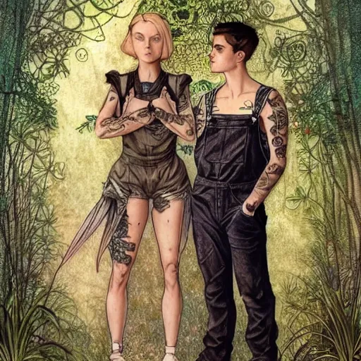 Image similar to short - haired tattooed heroic stoic handsome muscular blonde butch tomboy woman engineer in overalls standing beside dark fae feathered gothic jennifer connelly in black cloak standing together in a beautiful lush garden at night, in love, highly detailed, trending on art station, mucha