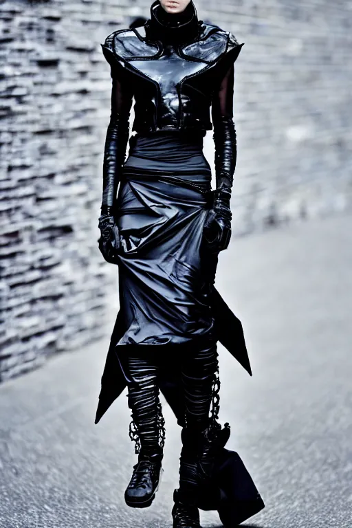 Image similar to beautiful androgynous high fashion avant garde techwear look and clothes, we can see them from feet to head, highly detailed and intricate, luxury, cinematic, rick owens, yohji yamamoto, y 3, outfit photo, hot on r / streetwear, trending on artstation,
