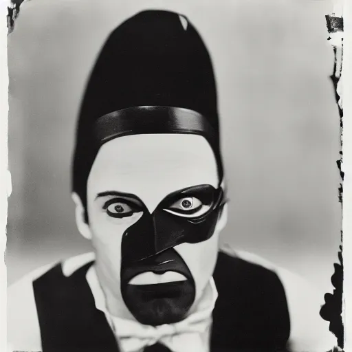 Image similar to portrait of a fake drunk Batman by Diane Arbus, 50mm, black and white