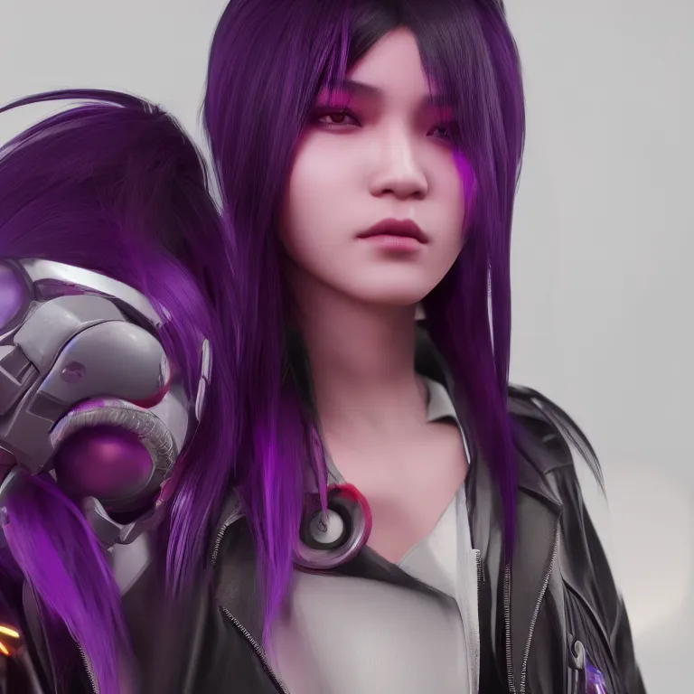 Prompt: Close up portrait of a young Asian Cyberpunk woman with dark purple hair, 3d render, Unreal Engine, octane render, ray tracing, Unity, highly detailed, high quality, HD, 4k, 8k, realistic, sharp, trending