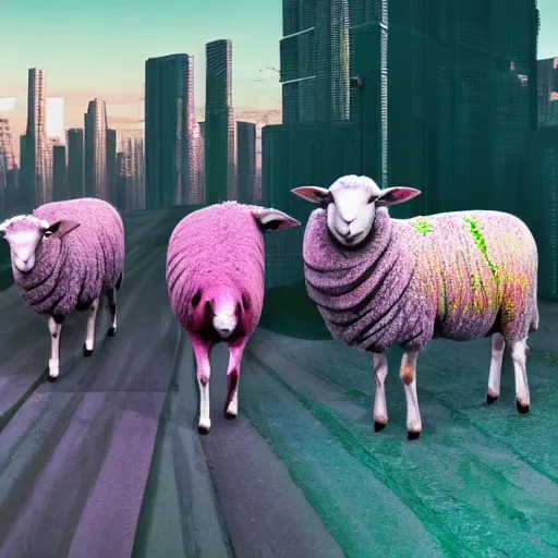 Image similar to a herd of sheep being herded by a cyberpunk cowboy Shepard, cyberpunk cityscape Purple mint teal orange green pink