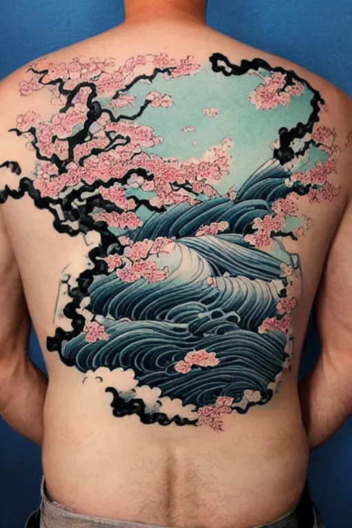 Prompt: back tattoo of cherry blossom tree floating over a tidal wave, in japanese traditional art style