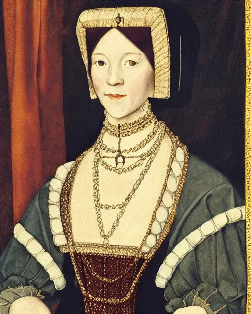 Prompt: “Anne Boleyn wearing 1970s clothes, painting by Hans Holbein”