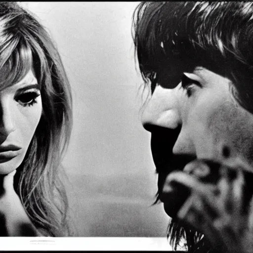 Prompt: Black and white poster for L\'Apocalisse, a 1963 existential movie by Michelangelo Antonioni with Monica Vitti contemplating the world on fire