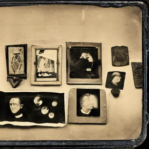 Image similar to Tintype photograph of objects displayed in an ethnographic museum, primitive display, anthropology of wonder, in the style of Marcel Duchamp, found objects, ready-made, 1920s studio lighting.