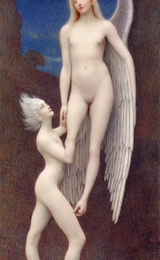 Prompt: Say who is this with silver hair so pale and Wan! and thin? beautiful lone single feminine!! angel, Aphrodite, in the style of Jean Delville, Lucien Lévy-Dhurmer, Fernand Keller, Fernand Khnopff, oil on canvas, 1896, 4K resolution, aesthetic, mystery