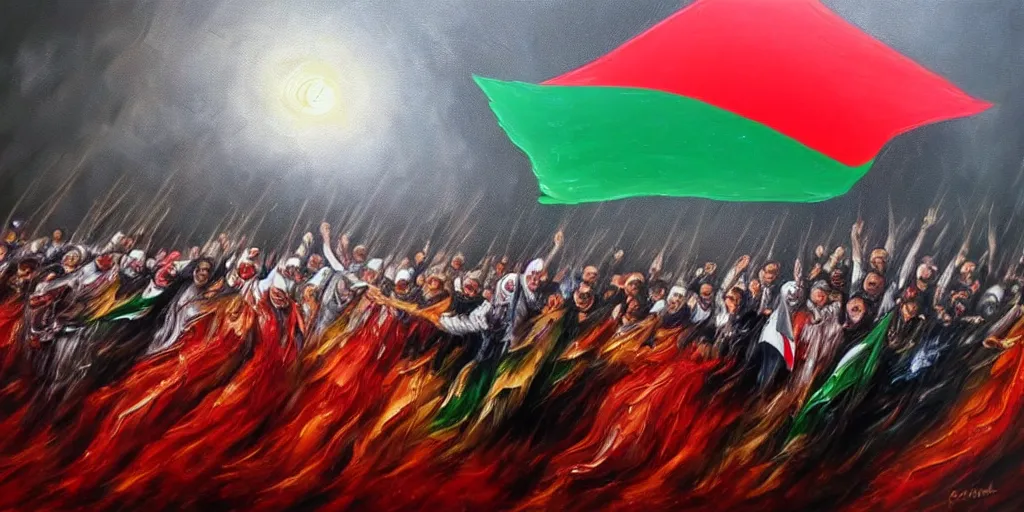 Prompt: dramatic oil painting of freedom for palestine, red green white black