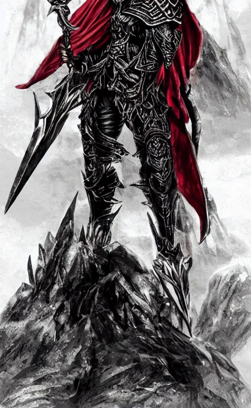 Image similar to A male elf, 20 years old, short silver hair, red eyes, wearing a spiked black metal crown, black heavy armor with gold trim, and a red cape, lean but muscular, attractive, command presence, royalty, weathered face, smooth, sharp focus, illustration, concept art, highly detailed, muscle definition, fantasy paitning, ArtStation, ArtStation HQ