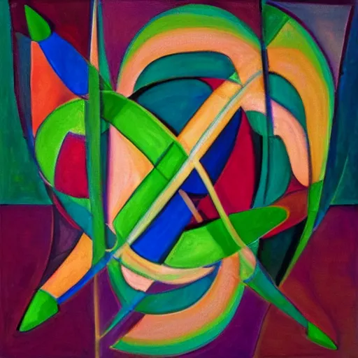 Image similar to woman symmetry dancing through time and space as ferns and spirals unfold before her feet, abstract art in the style of cubism and davinci and georgia o keefe,