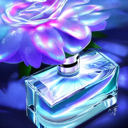 Image similar to photorealistic blue perfume bottle surrounded by plethora of blue flowers, lonely world still shining through faintly rainbow led lights, beautiful surreal scenery artwork pixiv. soul dust. unthinkable dream sublime god lighting, sun rays, cold colors. insanely detailed, artstation!! pixiv!! infinitely detailed created by god