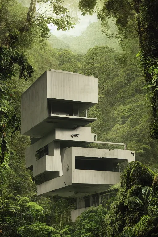 Prompt: architecture inspired by le corbusier in the rainforest. nature is taking over. upside down. metabolism. matte painting. octane render. hdr. volumetric lighting. global illumination. atmospheric.