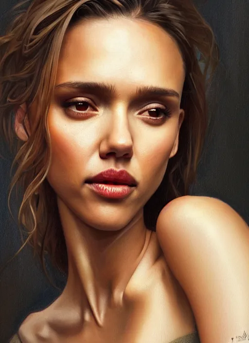 Prompt: half Jessica Alba half Nathalie Portman half scarlett johansonna pure seductive angel, full body portrait, slight smile, diffuse natural sun lights, autumn lights, highly detailed, digital painting, artstation, concept art, sharp focus, illustration, art by wlop and greg rutkowski and alphonse mucha and artgerm