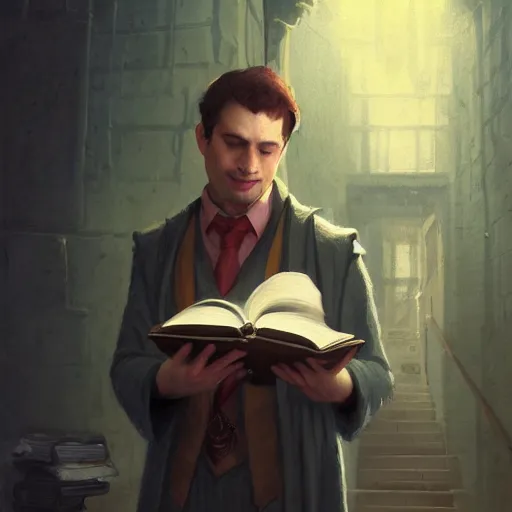 Image similar to My Favorite Portrait of a lawyer genius academician wearing a grimoire in his holding hand whilst wearing a vest of scholarship Greg Rutkowski Marc Simonetti Anato finnstark Brooklyn New York Hidden Stairway Hidden Alcove Visible Alleyway 4k Artstation Background Wallpaper 1080p