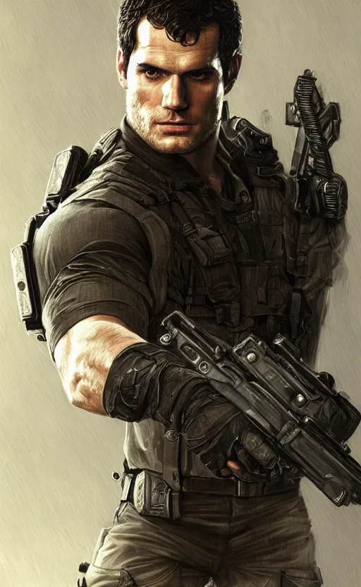 Image similar to portrait of henry cavill as chris redfield, resident evil, pistol, upper body, henry cavill!!!, fantasy, intricate, elegant, highly detailed, digital painting, artstation, concept art, smooth, sharp focus, illustration, art by artgerm and greg rutkowski and alphonse mucha