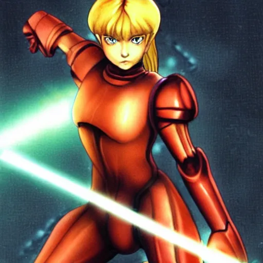 Image similar to samus holding a jedi sword