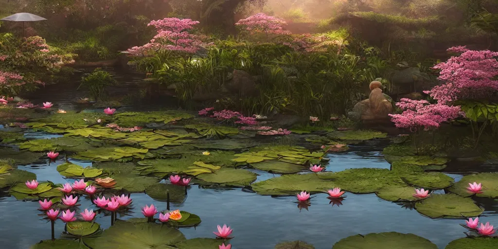 Image similar to dreamy pond full of lotus flowers, concept art, render by octane and blender, hyper realistic, cinematic lighting, unreal engin 5, by krenz cushart, 8 k, vray render, artstation, deviantart