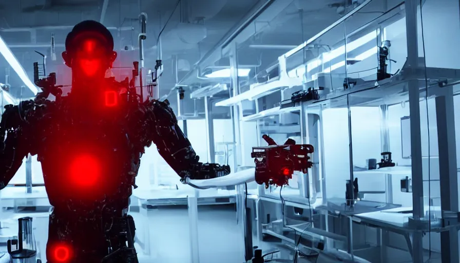 Image similar to big budget action movie about a cyborg demon in a lab, a red alarm is flashing.