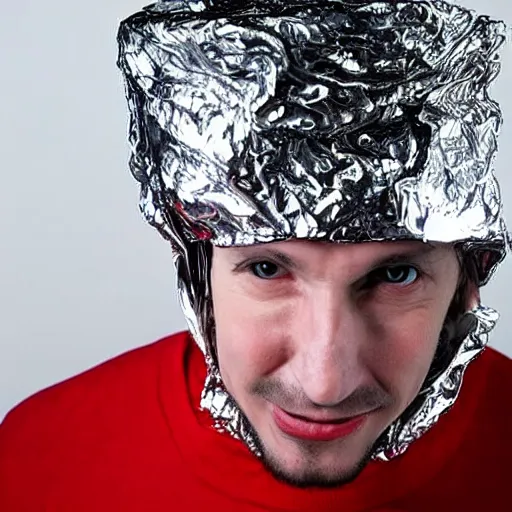 Prompt: crazy man wearing a tinfoil hat