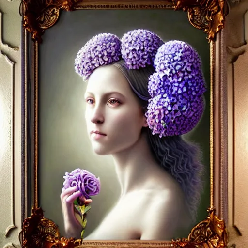 Image similar to a lilac hair beautiful goddess of light, hydrangeas flowers, soft rose, and dried petals, painterly, methaphoric and ornamental, intricate and elegant, highly detailed photorealistic painting, decorative lines, sharp focus, 8 k, by tomasz alen kopera, h 7 2 4