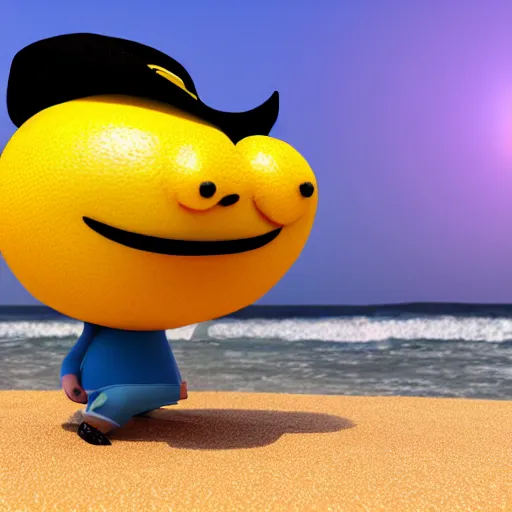 Prompt: 3 d render, of anthropomorphic lemon character with an angry look on his face, he is wearing a hat, relaxing on the beach at sunset, beach, waves, sun, rim light, cinematic photography, professional, sand