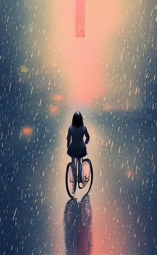 Image similar to a beautiful illustration of a woman riding a bicycle in a rainy night, fiery particles, anime aesthetic, midnight theme, depth of field, bokeh, composition study, featured on artstation, by ilya kuvshinov, vertical orientation