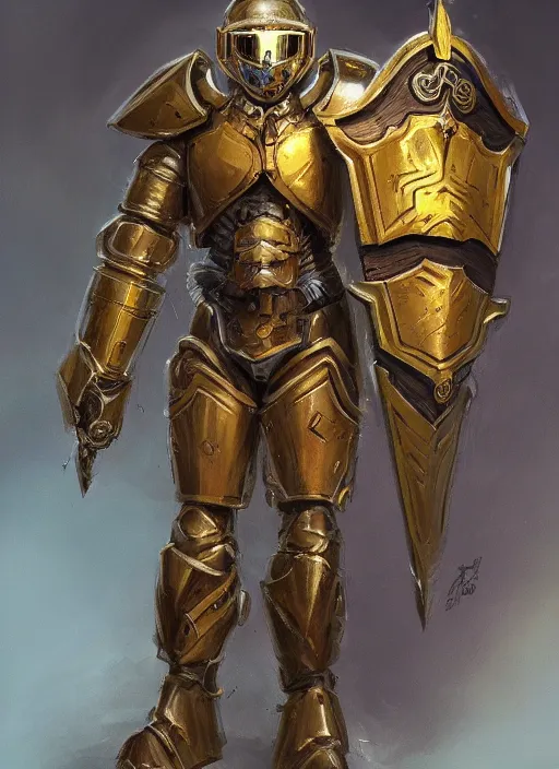 Image similar to dynamic portrait of a intricate mechanical warforged character in yellow armor holding a paladin engraved longsword and carrying a big shield, epic , trending on ArtStation, cinematic lighting, by Jesper Ejsing