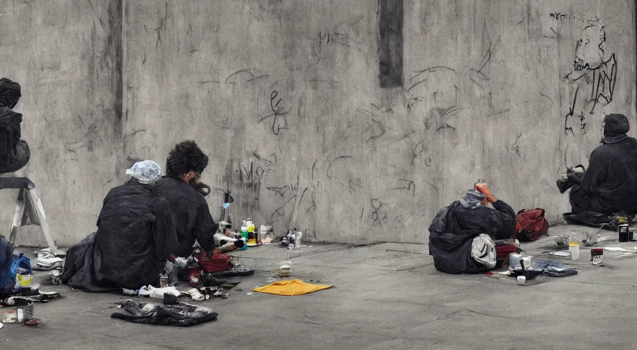 Image similar to Bansky graffiti art of an artist painting a self portrait of themselves painting next to a homeless man, ultra high resolution, photo realistic, depth of field, award winning, cinematic, color graded