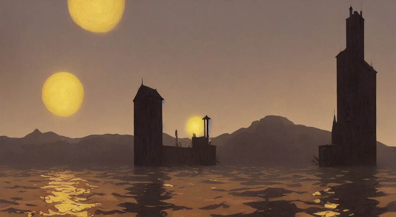 Prompt: single flooded simple wooden eldritch tower, very coherent and colorful high contrast!! masterpiece by rene magritte simon stalenhag carl spitzweg syd mead norman rockwell edward hopper james gilleard, minimalist, dark shadows, sunny day, hard lighting