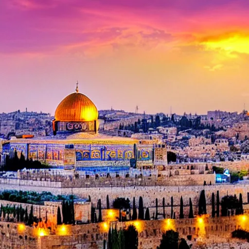 Image similar to a beautiful jerusalem city with lots of glowing crystals, sunset lighting,