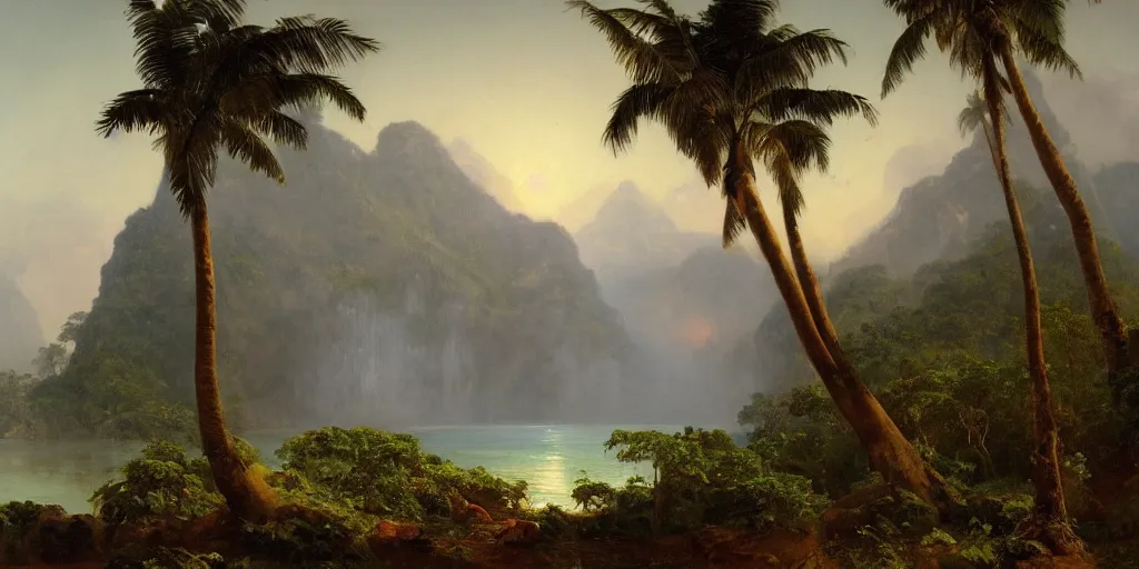 Prompt: a beautiful landscape painting of a tropical island with waterfall and palm trees, foggy atmosphere, by frederic edwin church, oil on canvas, highly detailed, hd, 4 k