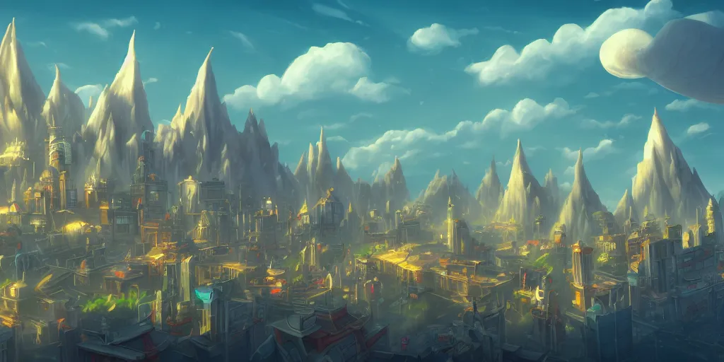 Image similar to a city in the style of piltover from arcane, tall towers, utopia, white blimps in the sky, blue skies, soft clouds, trending on artstation