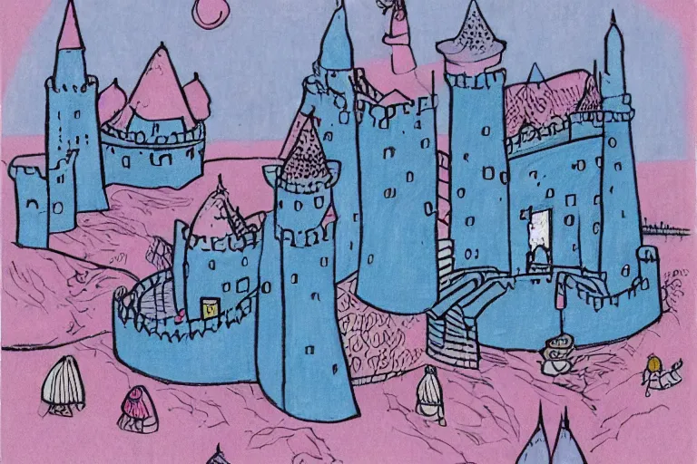 Prompt: a drawing of a pink and blue castle, a storybook illustration by tove jansson, tumblr, psychedelic art, concept art, storybook illustration, whimsical