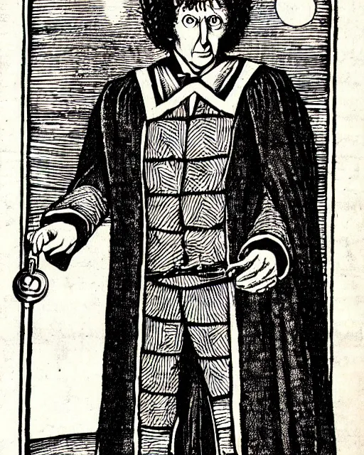 Image similar to b & w woodcut of tom baker's doctor who from the nuremberg chronicle, 1 4 9 3, restored, hq scan