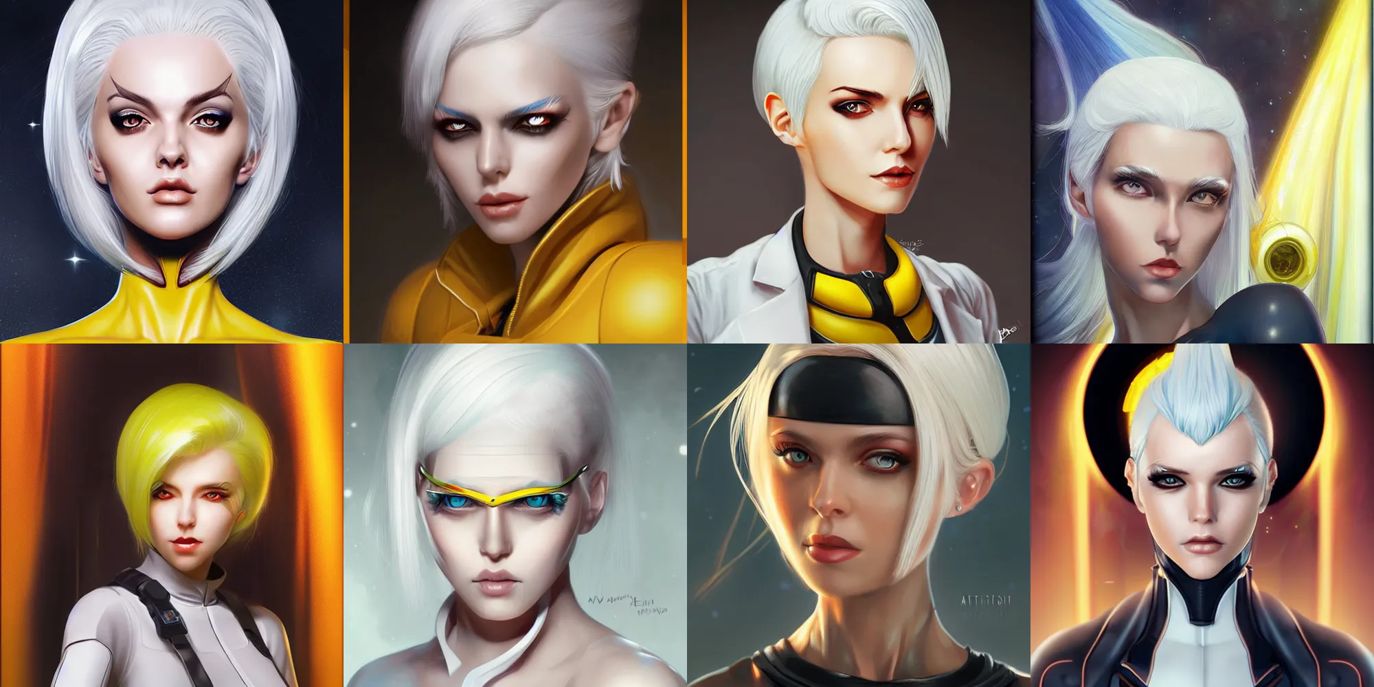 Prompt: a portrait of a scientist android girl with white hair, yellow eyes by artgerm and wlop