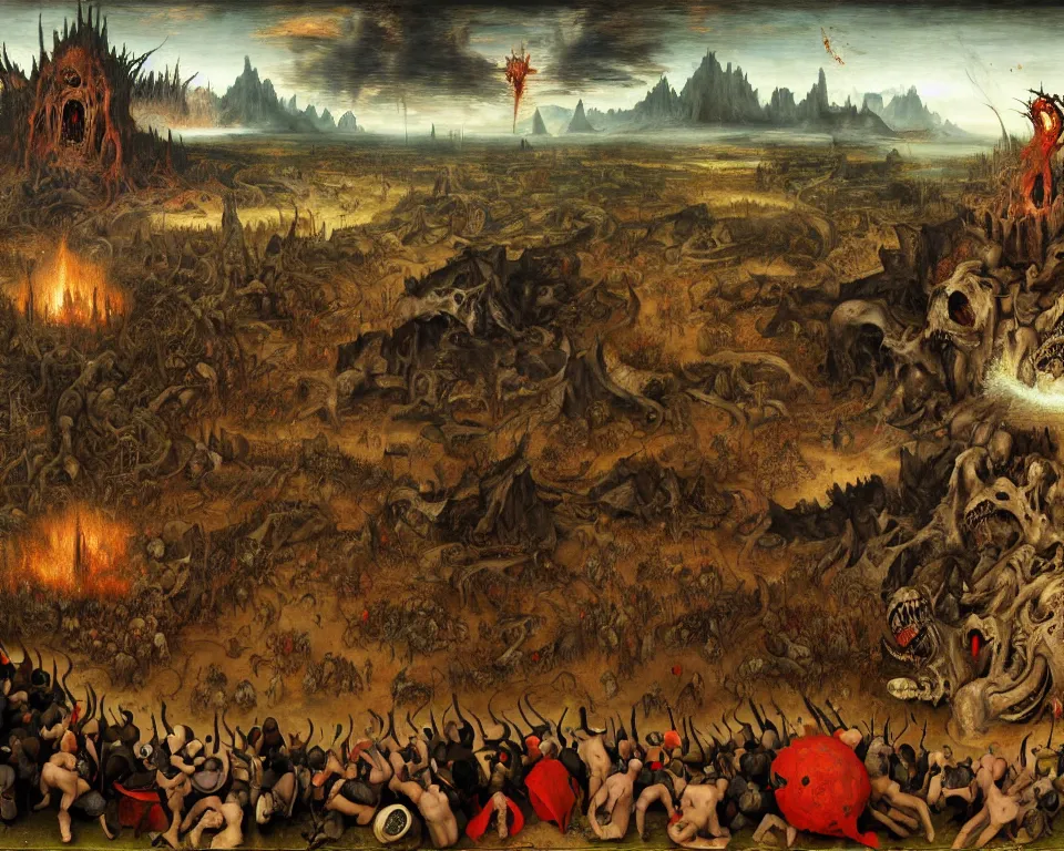 Image similar to doom eternal by jakub rozalski, zoomed garden of eternal delights hell by hieronymus bosh, zoom on triumph of death by pieter brueghel, doom eternal by hieronymus bosh