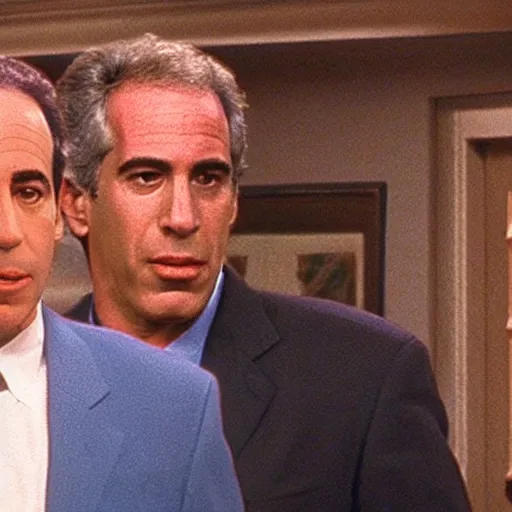 Prompt: video still from an episode seinfeld starring jeffrey epstein